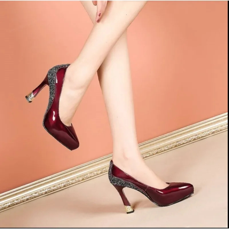 2024 Leather Shoes Woman High Heels Platforms Pumps Thick Heel Mixed-colors Fashion Pointed toe Brown 241106