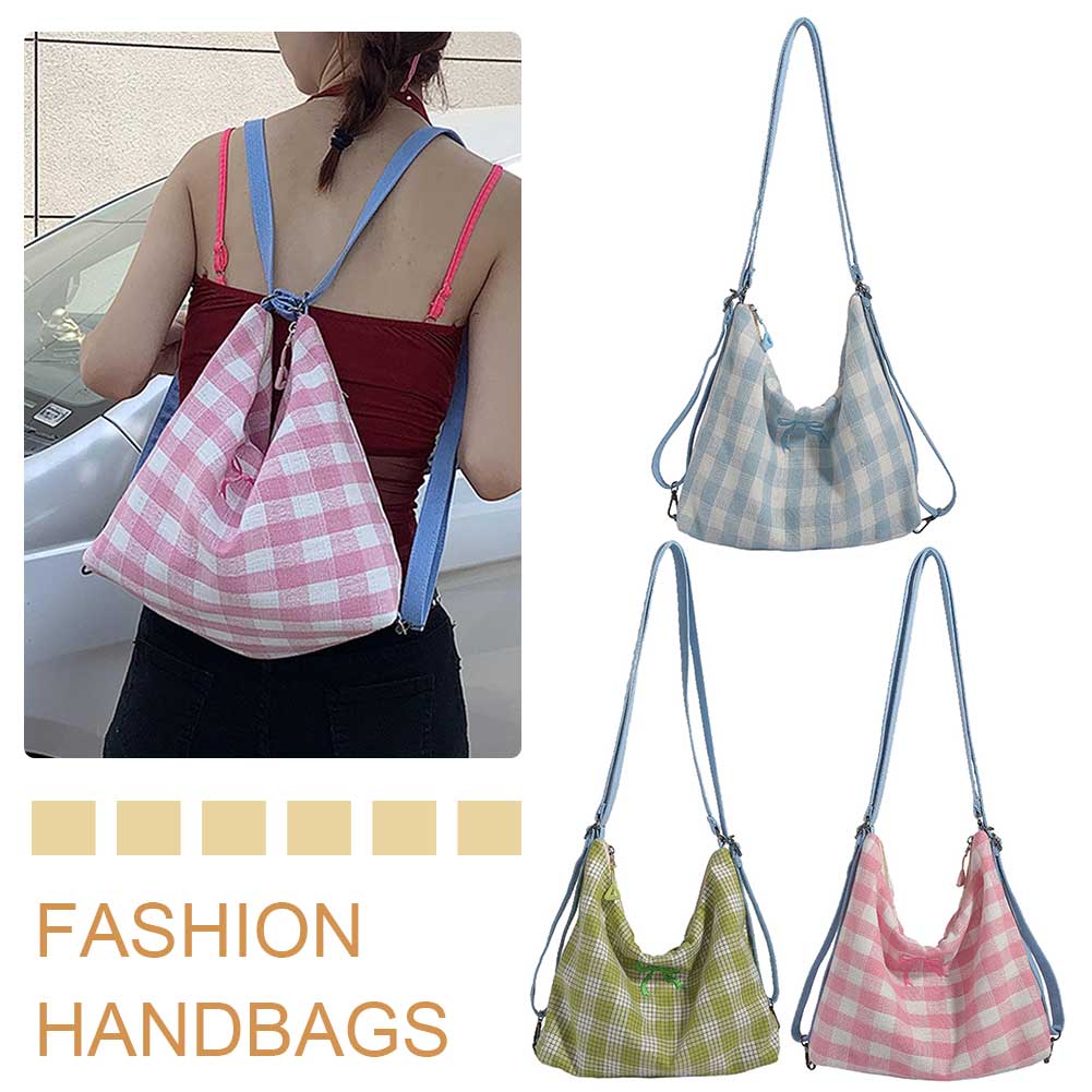 Women Plaid Shoulder Bag Bow Pattern Canvas Fashion Tote Handbag Adjustable Strap Plaid Pattern Backpack Female Outdoor Backpack
