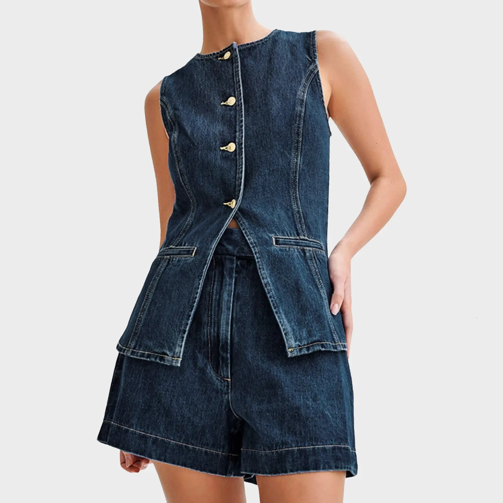 Denim 2 Pieces Sets Women Fashion Slim O-neck Sleeveless Single Breasted Vest Tops Wide Leg Shorts 2024 Summer Lady Outfits 241107