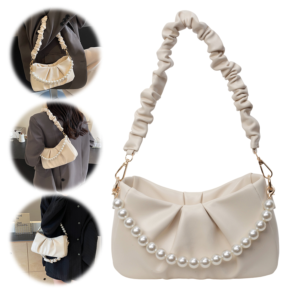 Women Ruched Shoulder Bag PU Leather Pleated Crossbody Bag Zipper Closure Simple Pearls Sling Bag Versatile Dating Bag