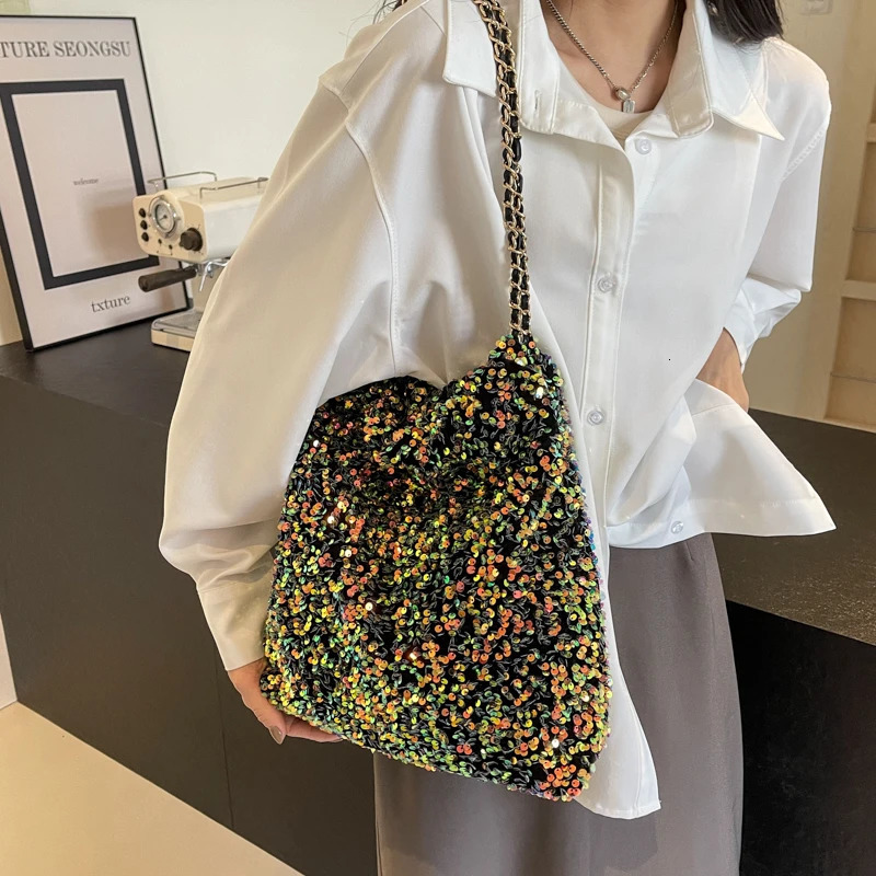 PU sequin chain shoulder bag buckle solid fashionable womens bag high-quality soft Versatile high-capacity womens bag 241106