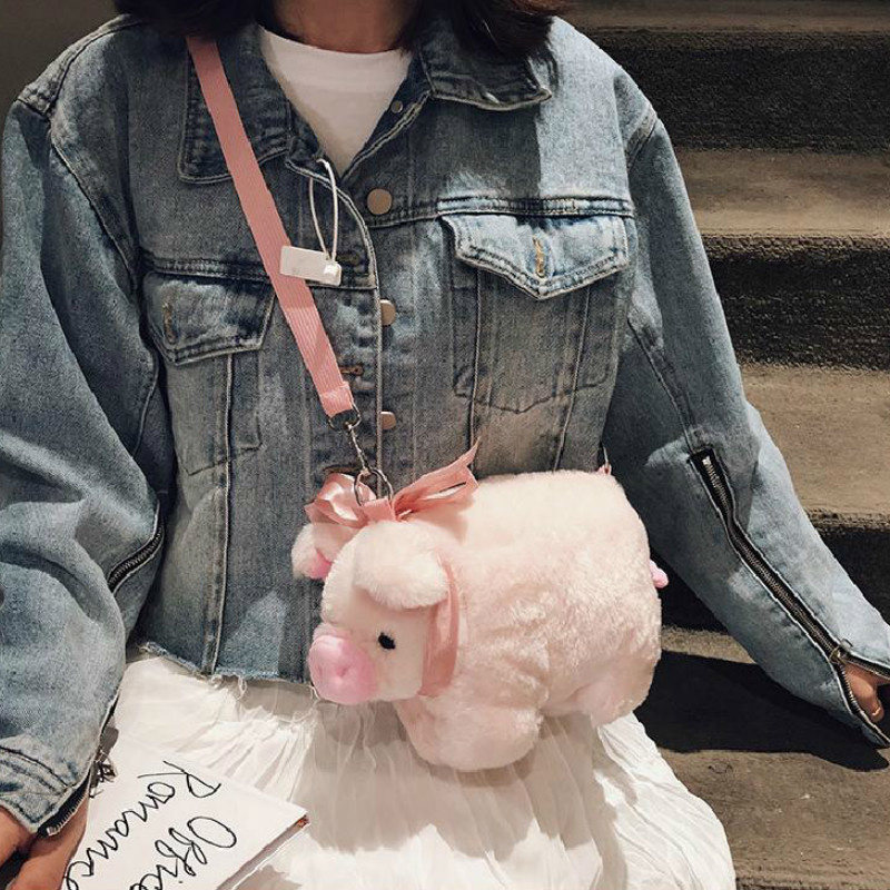 Y2k Cute Pig Shoulder Bag Plush Stuffed Animal Crossbody Bag Women Fashion Winter Soft Purse Cartoon Handbag Phone Money Storage