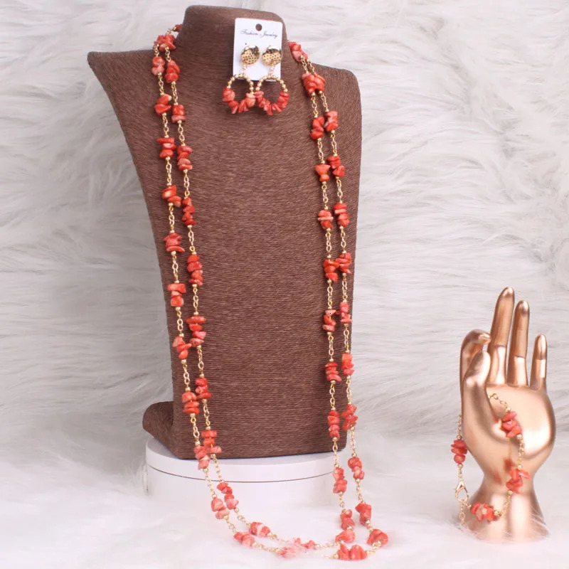 4 pieces of Nigerian coral bead necklace womens bridal jewelry set wedding long n 3 pieces 241106