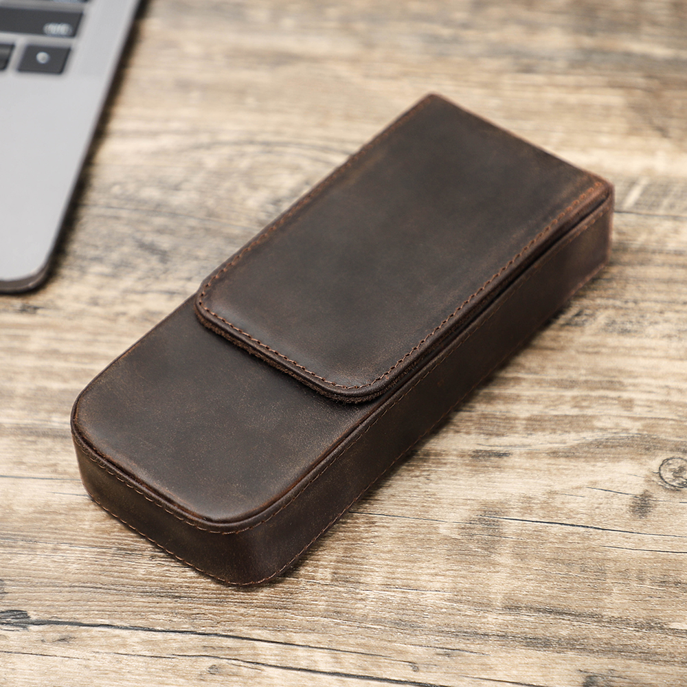 Crazy Horse Leather Pen Case 3 Slots Magnetic Button Pencil Cases School Bag Pen Pouch Box Office Stationery Vintage Style