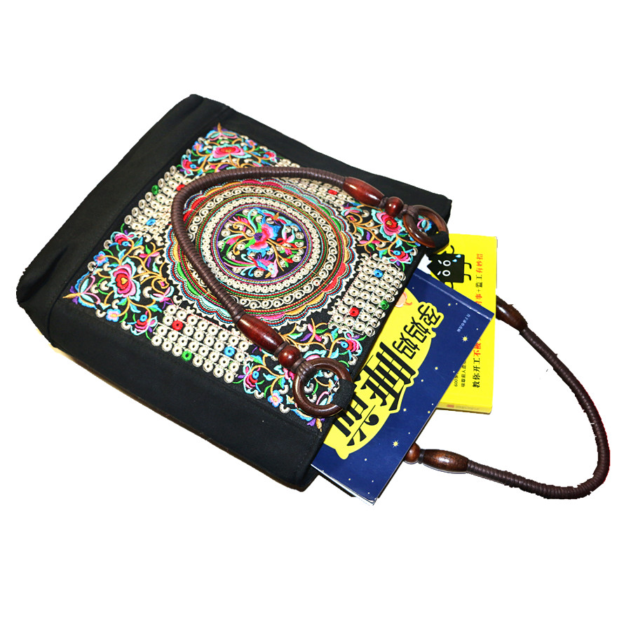Canvas Cotton Women Ethnic Flower Embroider Shoulder Bag Casual Travel Hand Tote Shopping Bag Vintage Beach Bag Beading Handle