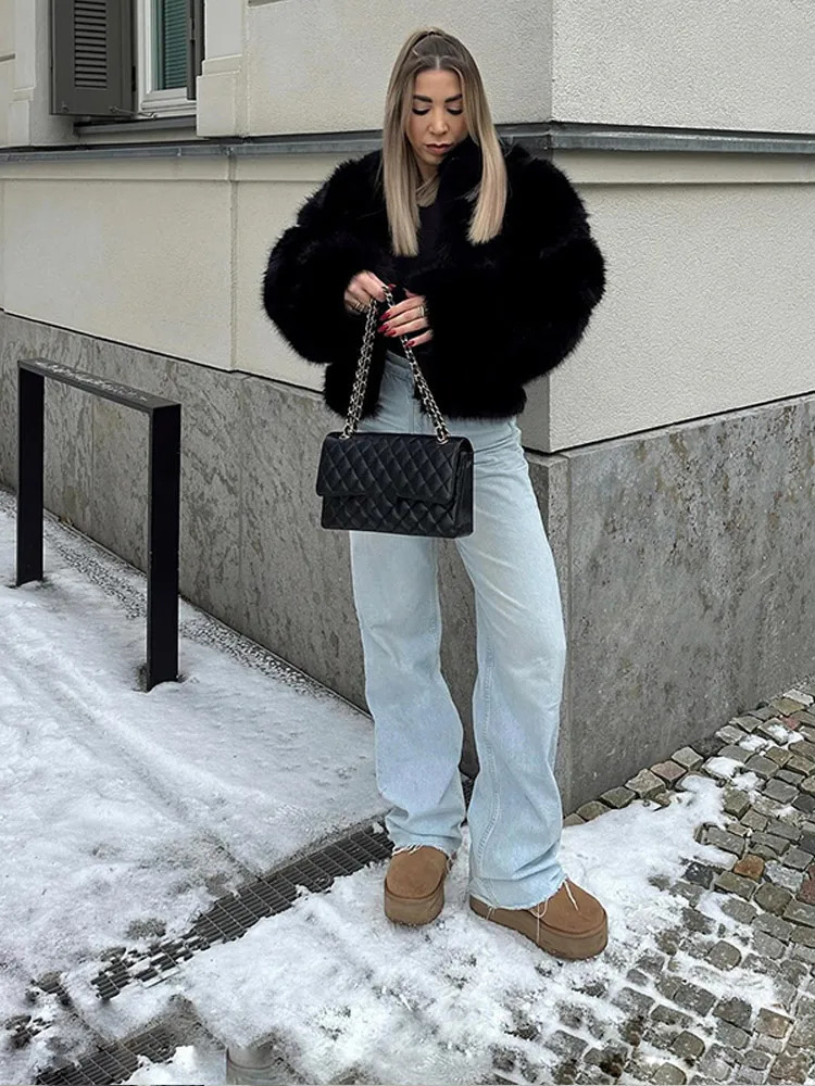 Women Fashion Solid Faux Fur Zipper Warm Coat Chic Stand Collar Long Sleeve Short Jacket 2024 Winter Ladies Thick Outerwear 241107