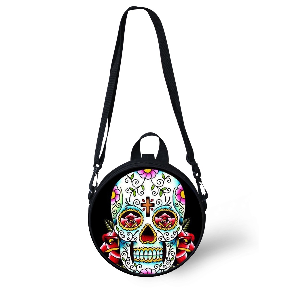 ELVISWORDS Round Shoulder Bag Women Tattoo Pattern Crossbody Bag Lady Messenger Bags Women Handbag Skull Coin Purse Canvas Bolsa