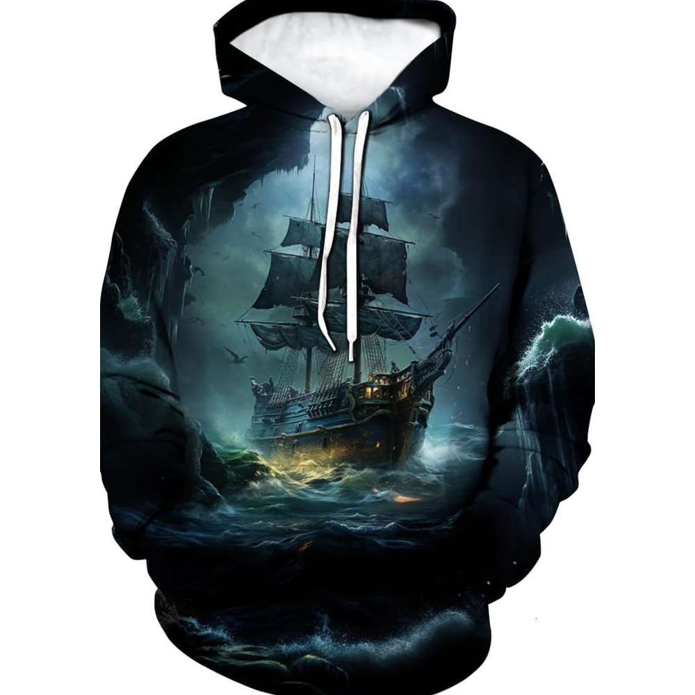 Hoodie for Mens Womens Funny Pirate Hoodie Pirate Ship Graphic Sweatshirt Graphic Hoodies sweatshirt Pullover Long Sleeve Cool pirate ship pattern
