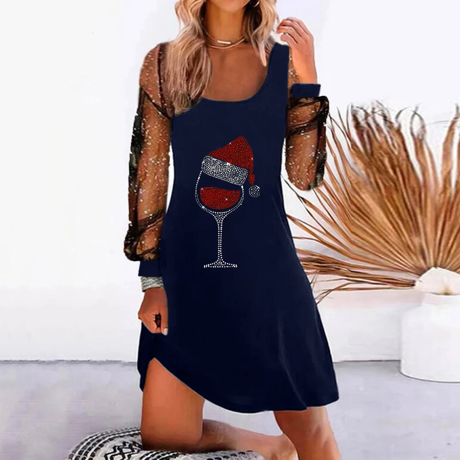 Sequin Mesh Long Sleeve Patchwork Women Dress Christmas Red Hat Wine Glass Print Elegance Party Lady Dresses Cocktail Vestidos 241107