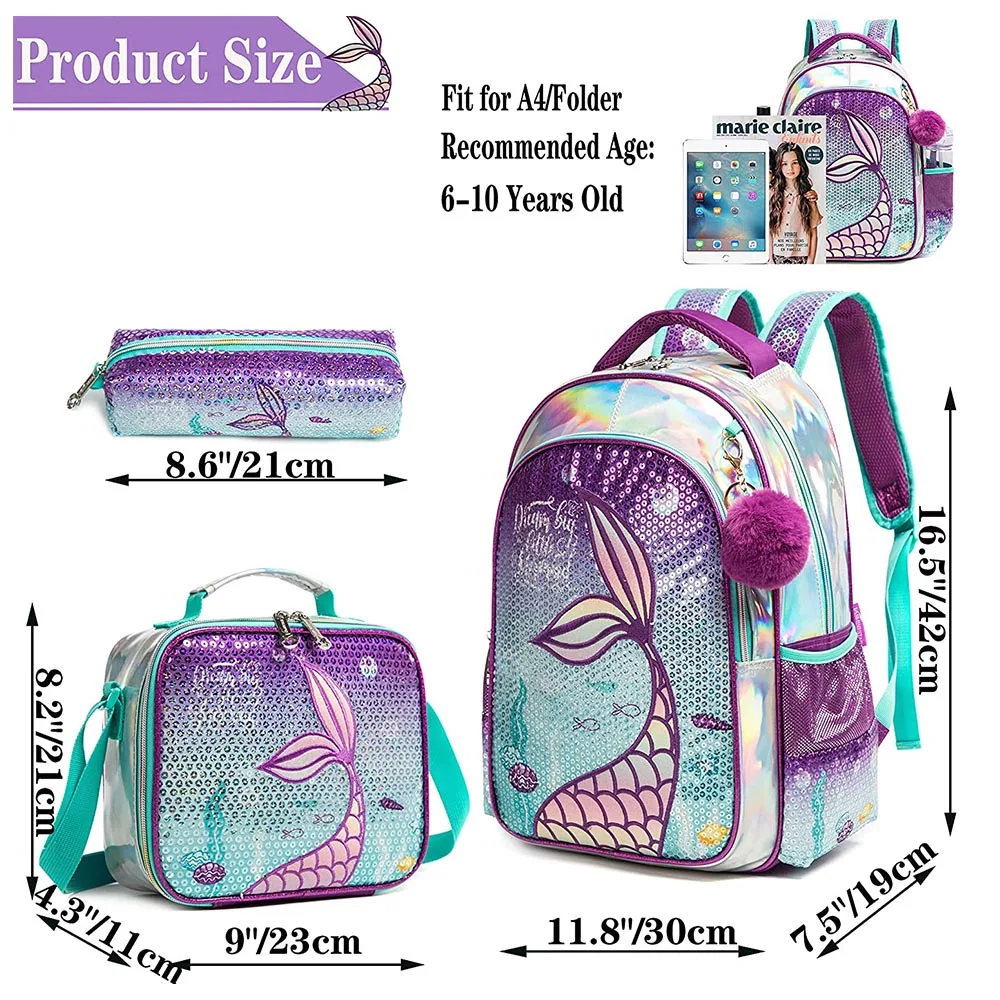 16 Inch School Backpack Girls Girls School Supplies Set Bags Girls School Sequin Backpack with Lunch Box Backpack Women