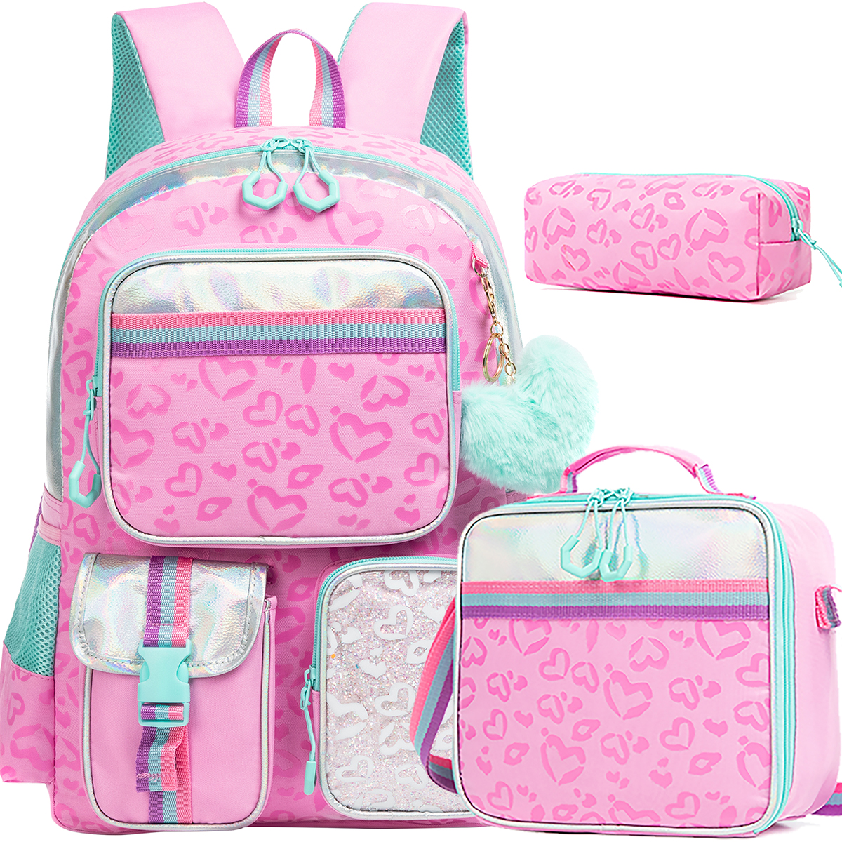 Meetbelify Girls' Multifunctional Heart Printed Pattern with Lunch Bag Pencil Bag for Studying Travel and Picnic