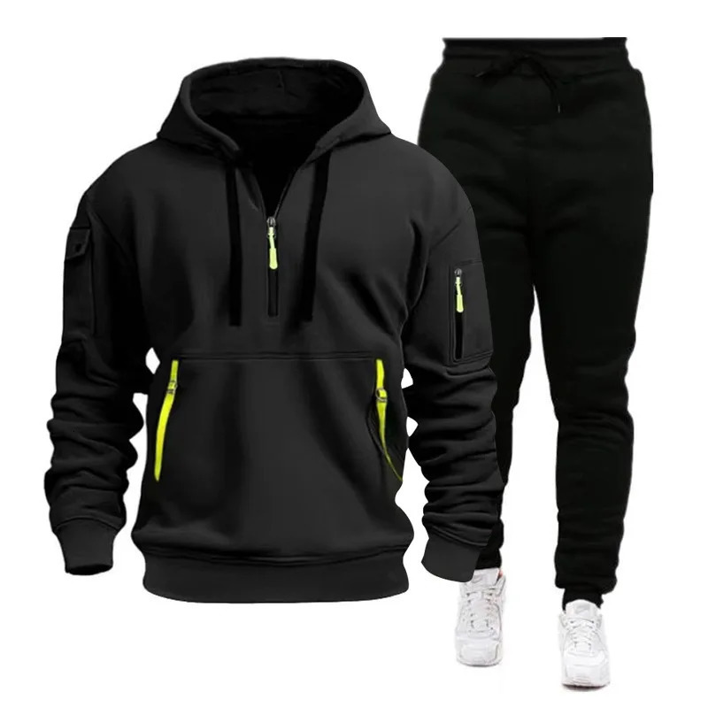 2024 Cross-border Sports Sweater Mens Multi-Pocket Zipper Hoodie Sweatpants Set 241107