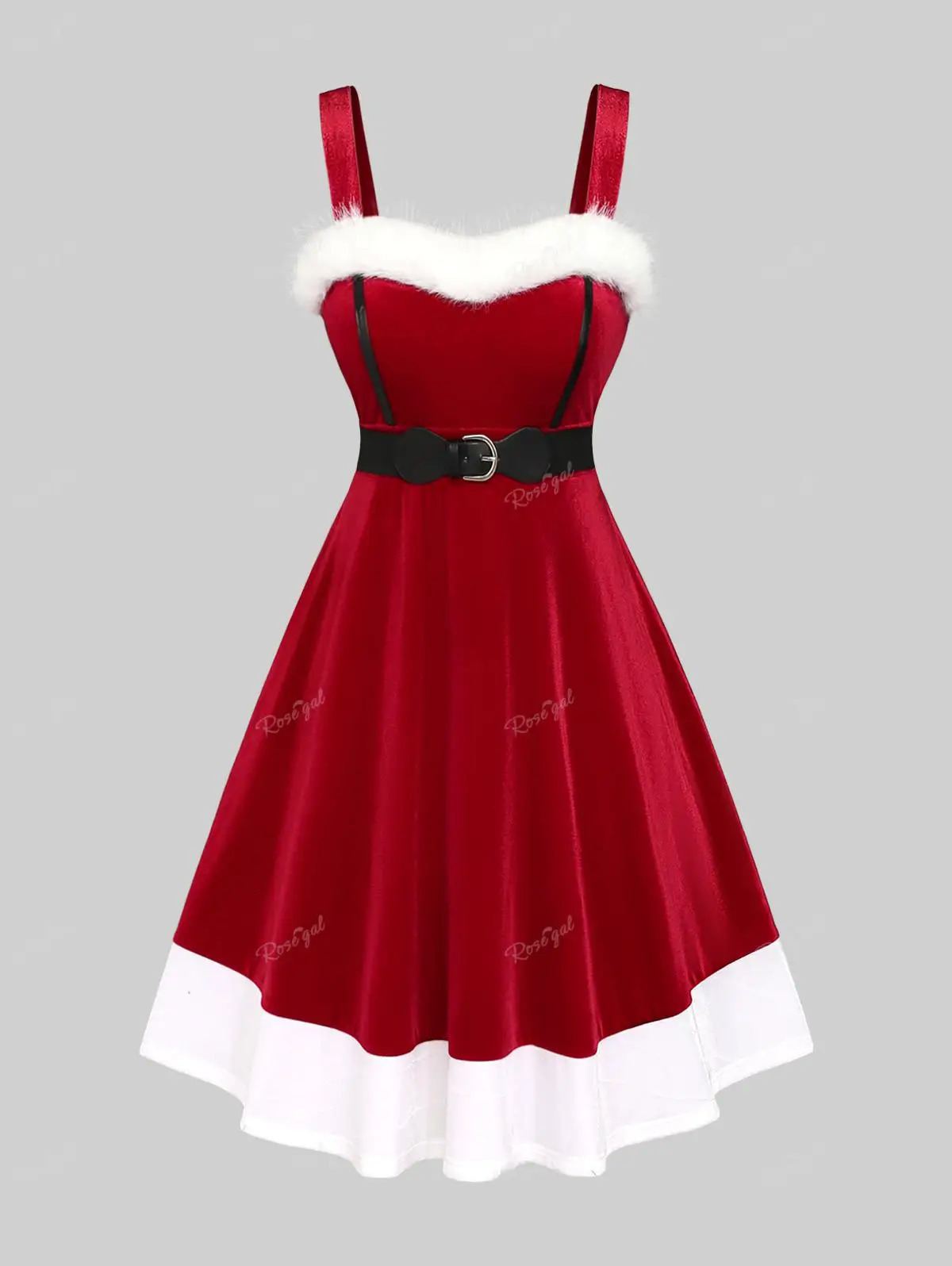 ROSEGAL Plus Size Fur Trim Velvet Dess With Belt Christmas Women Dresses Female Casual Colorblock Midi Dress 241107