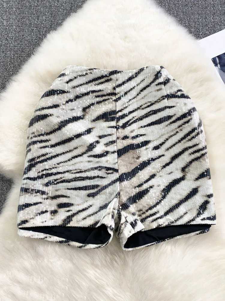 Women's Shorts DEAT Fashion Sexy Women's Sequins Leopard Short 2023 Autumn New Collection High Waist Wide Leg Short Pant Female Trendy 11XX6