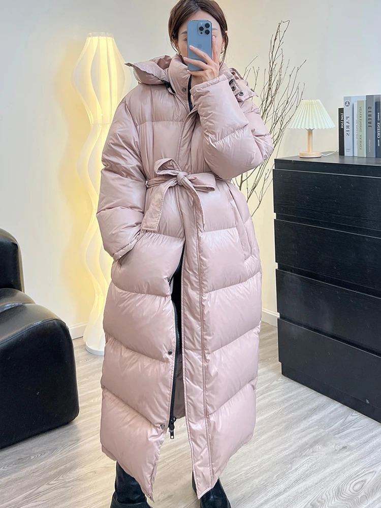 Janveny womens down jacket womens casual thick duck down jacket hooded womens waterproof Parkas jacket with belt 241107