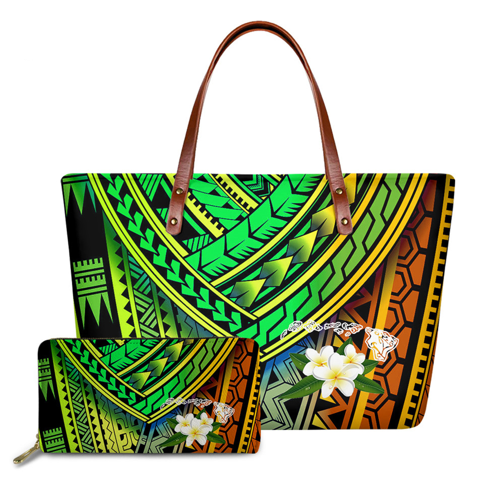 Noisydesigns Brand Designer Luxury Ladies Big Soft Handbag&Purse 2set/pcs Gradient Hawaiian Tribe Plumeria Pattern Bolsa
