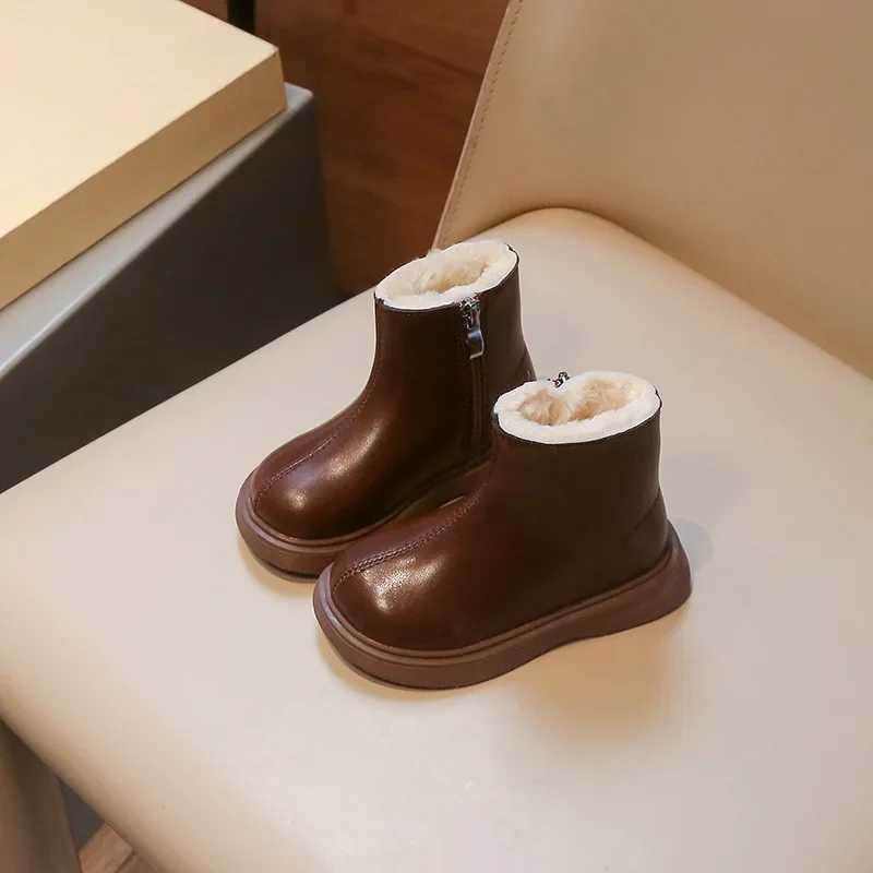 Children Winter Boots Warm Plush Thickened Boys Leather Boots Fashion Solid Color Zipper Girls Shoes Non-slip Kids Cotton BootsXJ241206