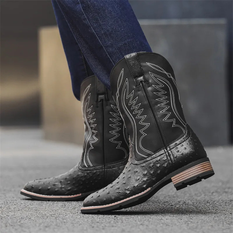 Mens Classic Retro Western Cowboy Boots Embossed Leather Mens Fashion Embroidery Mid-Calf Boot High top Casual Shoes for Men 241106