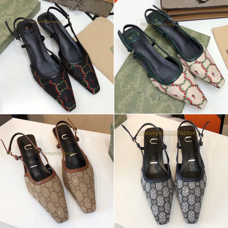 Designer Sandals 35 -41 Canvas Slingback Pumps Girls slingback kitten pump Mid Heel mesh crystals sparkling Print Rubber Leather summer Ankle Strap Slippers