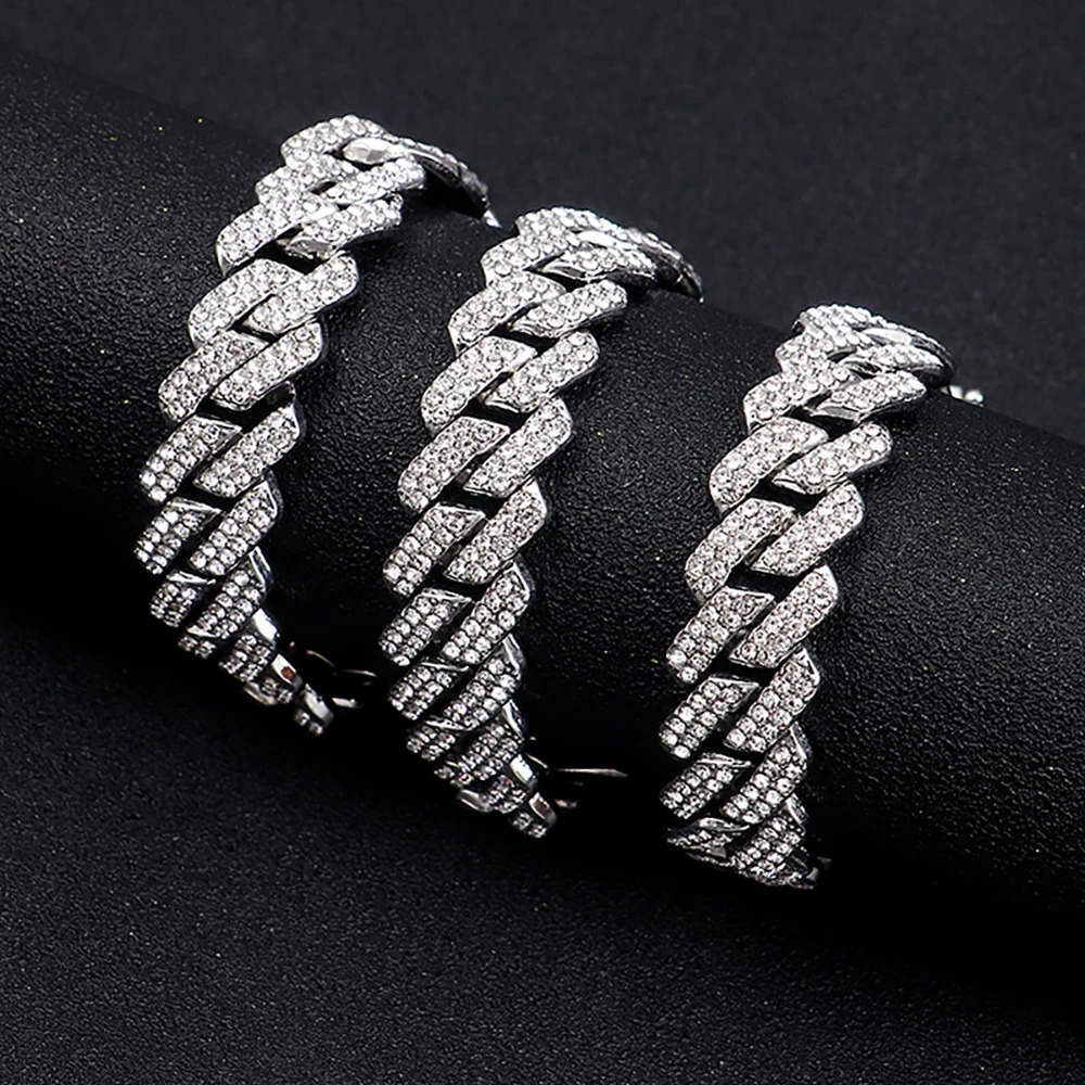 Hip Hop Shiny 15MM Cuban Link Chain Necklace Women Men Silver Color Rhinestone Iced Out Cuban Chain Punk Jewelry Necklace Gift 241107