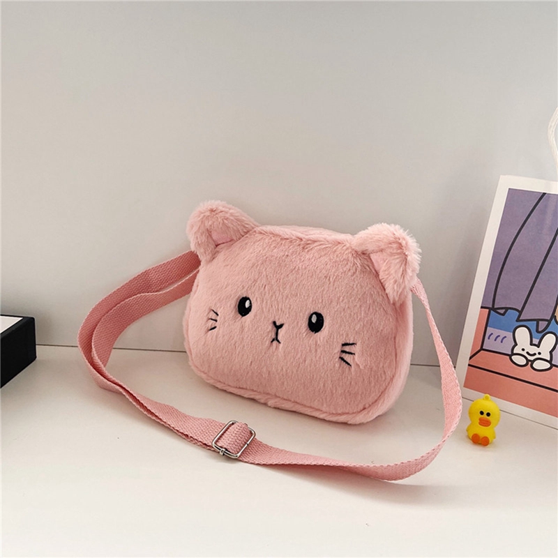 Baby Girls Cartoon Cat Crossbody Bags Cute Soft Plush Children's Shoulder Bag Winter Fashion Boys Kids Furry Handbags Coin Purse