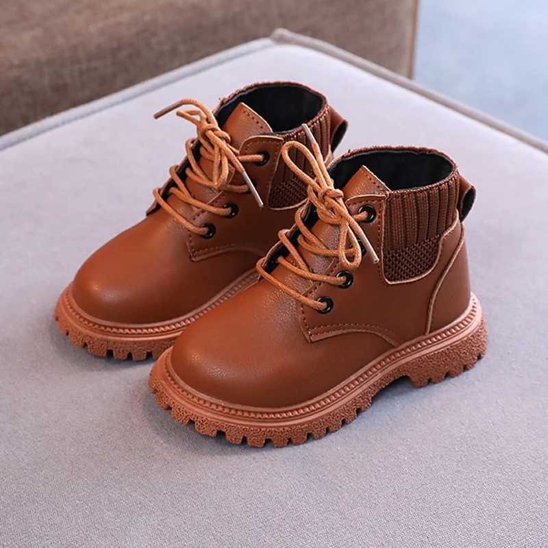 Childrens Soft-Soled Non-Slip Zipper Boots Boys Girls Leather Waterproof Splicing Short Boots 2-10 Years Old ShoesXJ241206