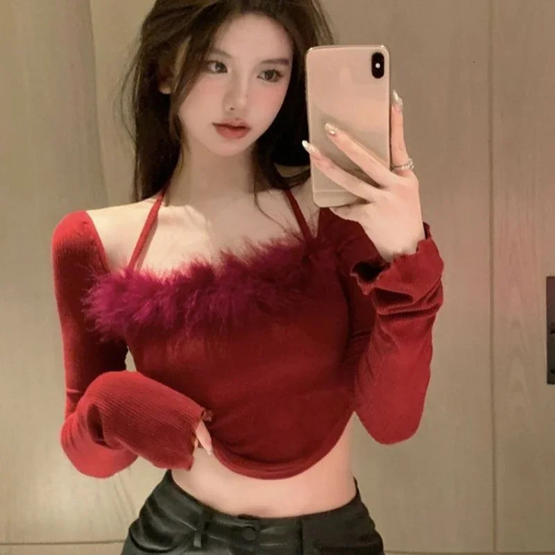 Chic Slash Off Shoulder Halter Christmas Red Sweater Women Crop Tops Sexy Blouse Shirts Fur Knitted Sweaters Vintage Wild 241107