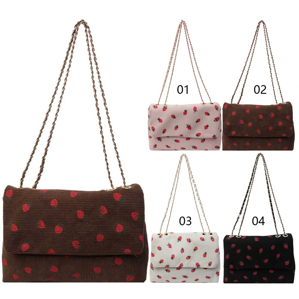 Women Corduroy Crossbody Bag Hasp Closure Strawberry Stylish Handbag Large Capacity Chic Hobo Bag Chain Strap for Outdoor Travel