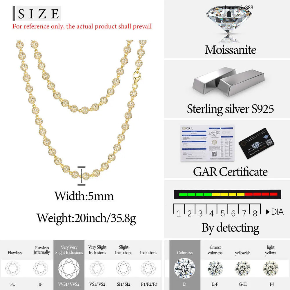 New Hip Hop Jewelry Rappers 5mm Sterg Sier VVS Moissanite Dia Iced Out Bead k Chain Necklace For Men