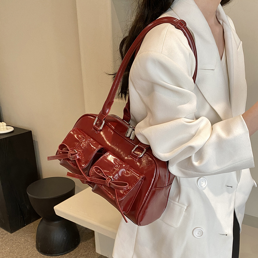 Retro Red Women's Satchel Hobo Bag Patent Leather Multi Pocket Luxury Designer Handbag Female Shoulder Armpit Bag Tote Purses