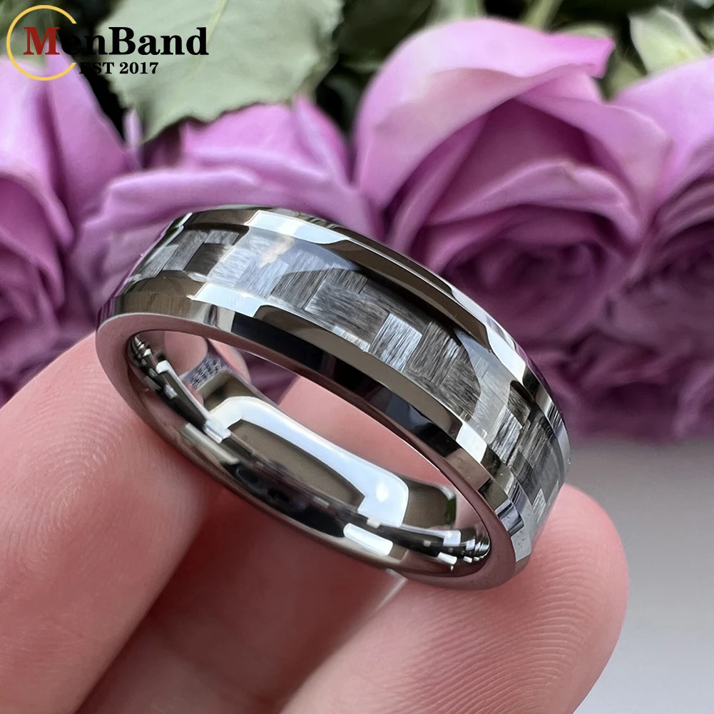 Mens Fashion 6mm 8mm Tungsten Carbide Ring Mens Engagement and Wedding Ring Grey Carbon Fiber Inlaid Comfortable Fit 241106