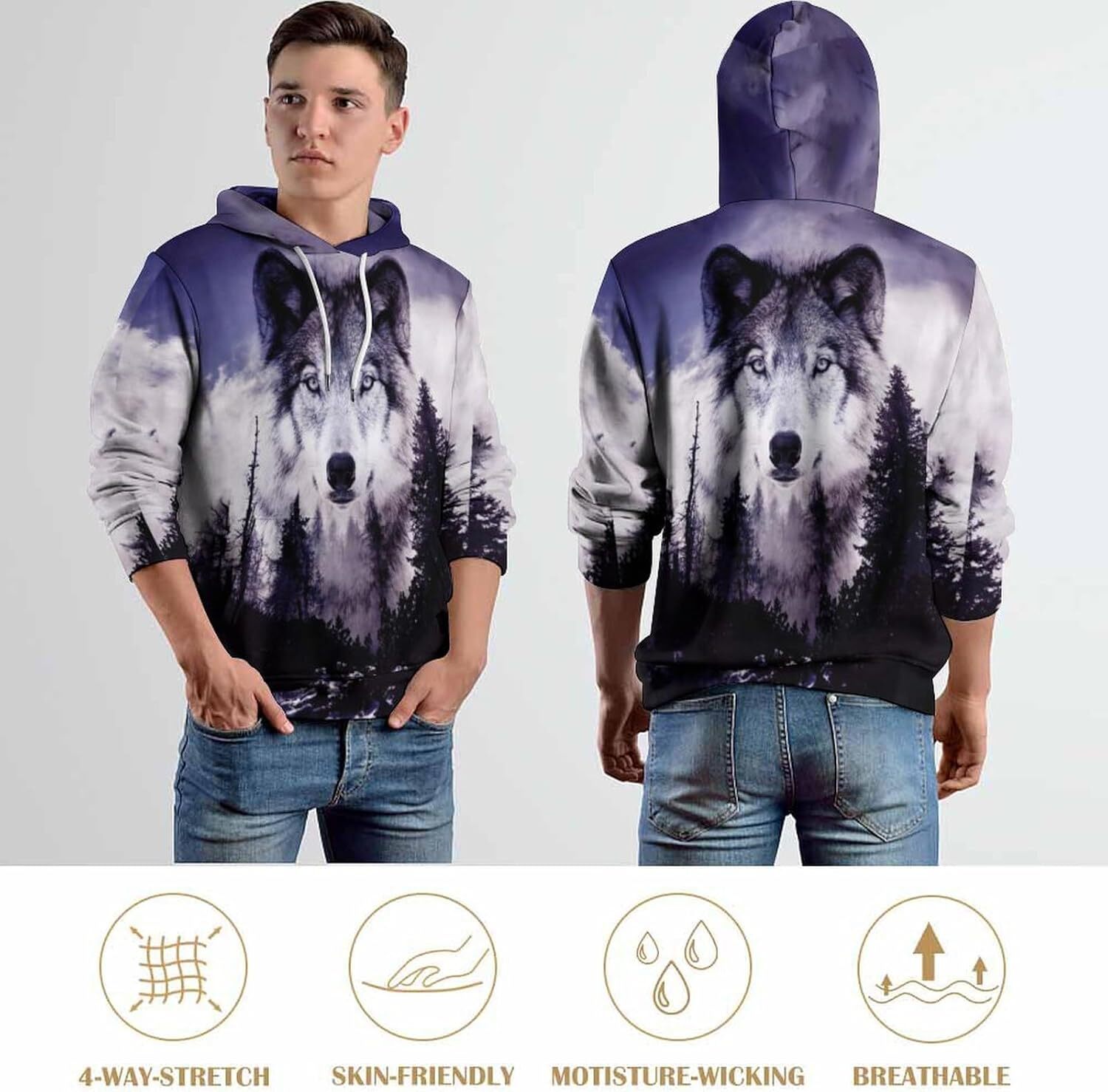 Hoodie for Mens Womens Pullover Hoodie 3D Novelty Graphic Hooded Sweatshirt Hoodies for Men Graphic Hoodies sweatshirt Trendy Wolf Pattern