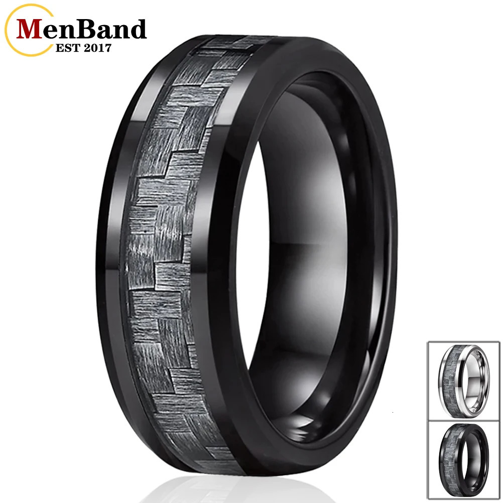 Mens Fashion 6mm 8mm Tungsten Carbide Ring Mens Engagement and Wedding Ring Grey Carbon Fiber Inlaid Comfortable Fit 241106