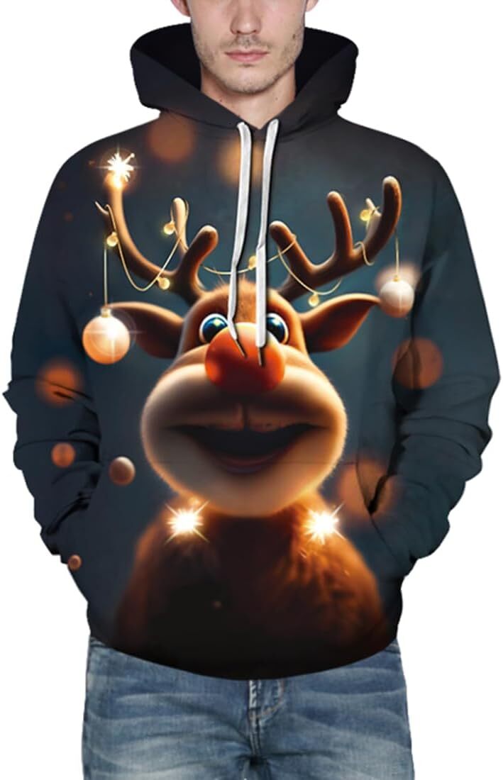 Hoodie for Mens Womens Mens Hoodie 3D Printed Pullover Hooded Sweatshirt Cool Outfits With Pockets Graphic Hoodies sweatshirt Cute deer pattern