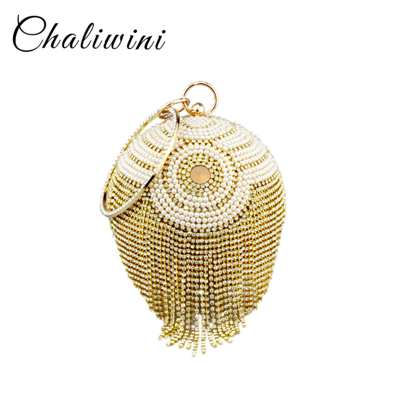 Chaliwini new design silver bowling shape totes bag beaded pearl striped flower ball wristlets tassel women messenger bags