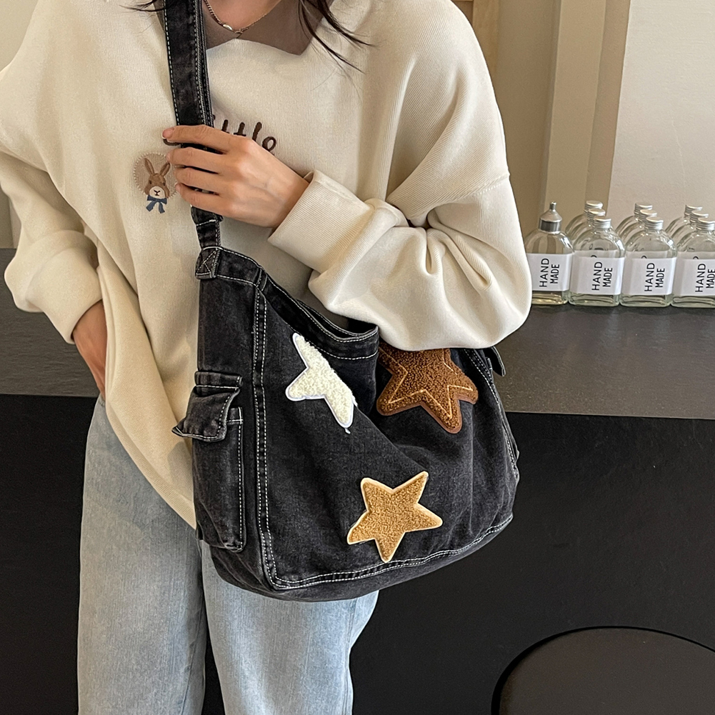Star Denim Shoulder Bag Large Capacity Trendy Crossbody Bag with Zipper Adjustable Strap Messenger Bag Multi Pocket for Women