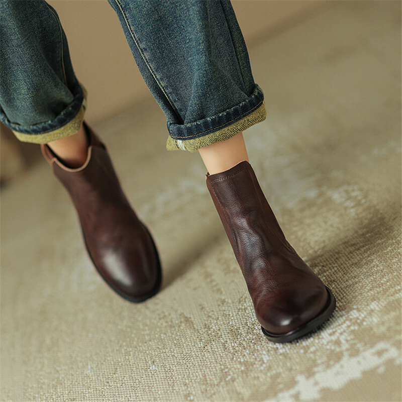 Genuine Leather Short Autumn/Winter Shoes Round Toe Chunky Heel For Women Fashion Retro Ankle Boots Handmade