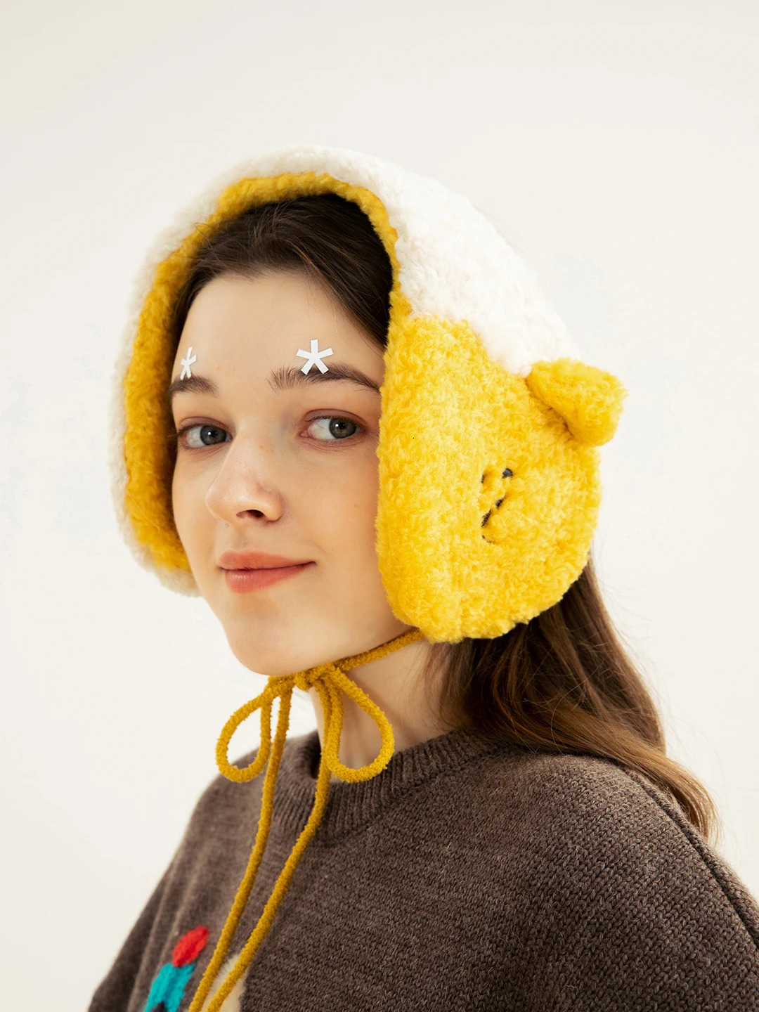 Autumn and winter cold proof and warm womens earmuffs cartoon embroidery yellow beige soft joint no pressure and warm earmuffs 241107