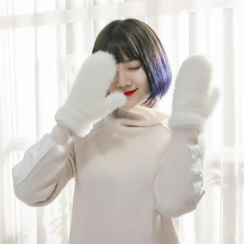 1 pair of winter knitted womens gloves warm and thick with connected fingers womens plush Korean solid full finger cute mink velvet gloves 241107