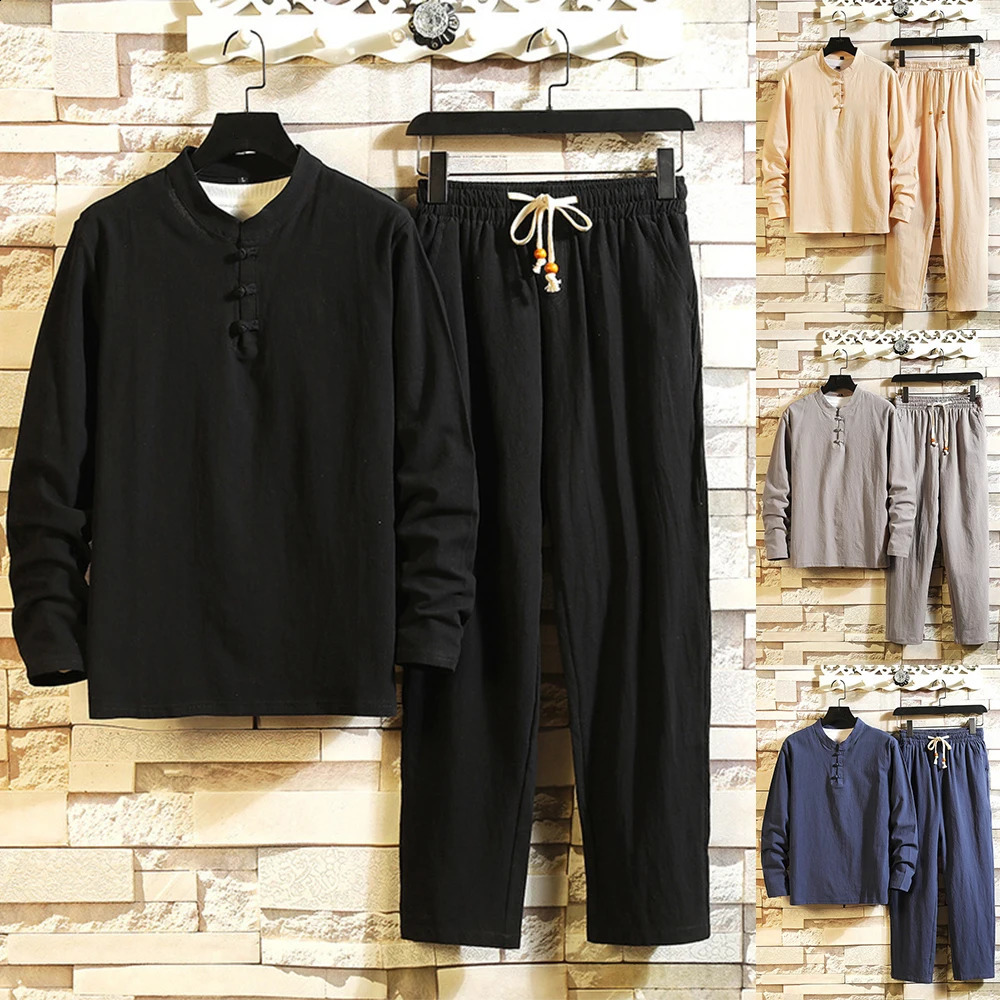 Chinese Style Cotton Linen Mens Two-Piece Ethnic Style Casual Tang Suit Solid Traditional Shirt Straight-Leg Pants Suits 240401