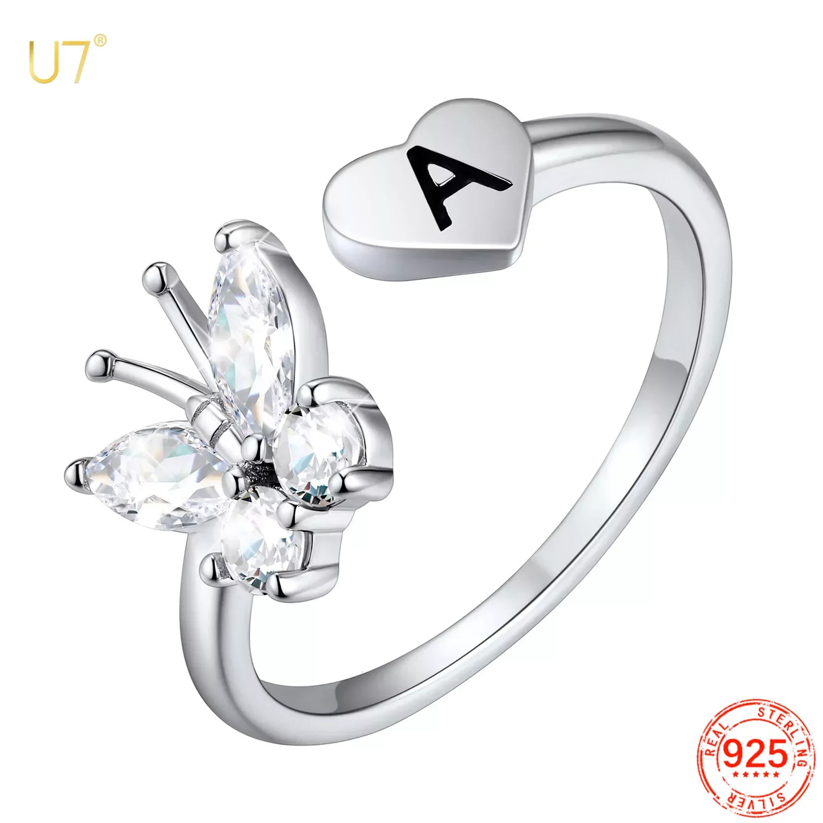 U7 925 Silver White Cz Butterfly Ring Cuff Suitable for Women Deep Carving Original Alphabet Customized Anniversary Birthday Gift 241106