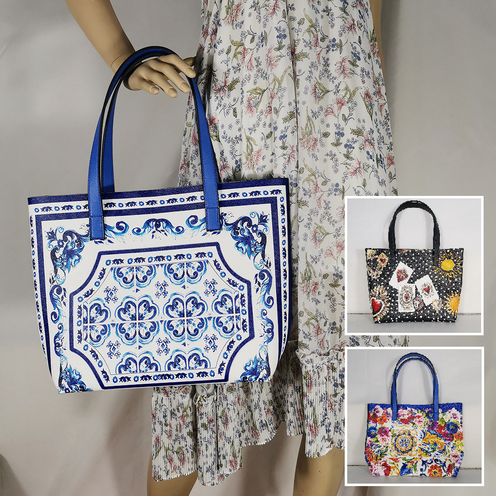 italy Elegant lady girl handbag blue and white porcelain pattern shoulder bag extra large tote bag luxury brand women bag beach
