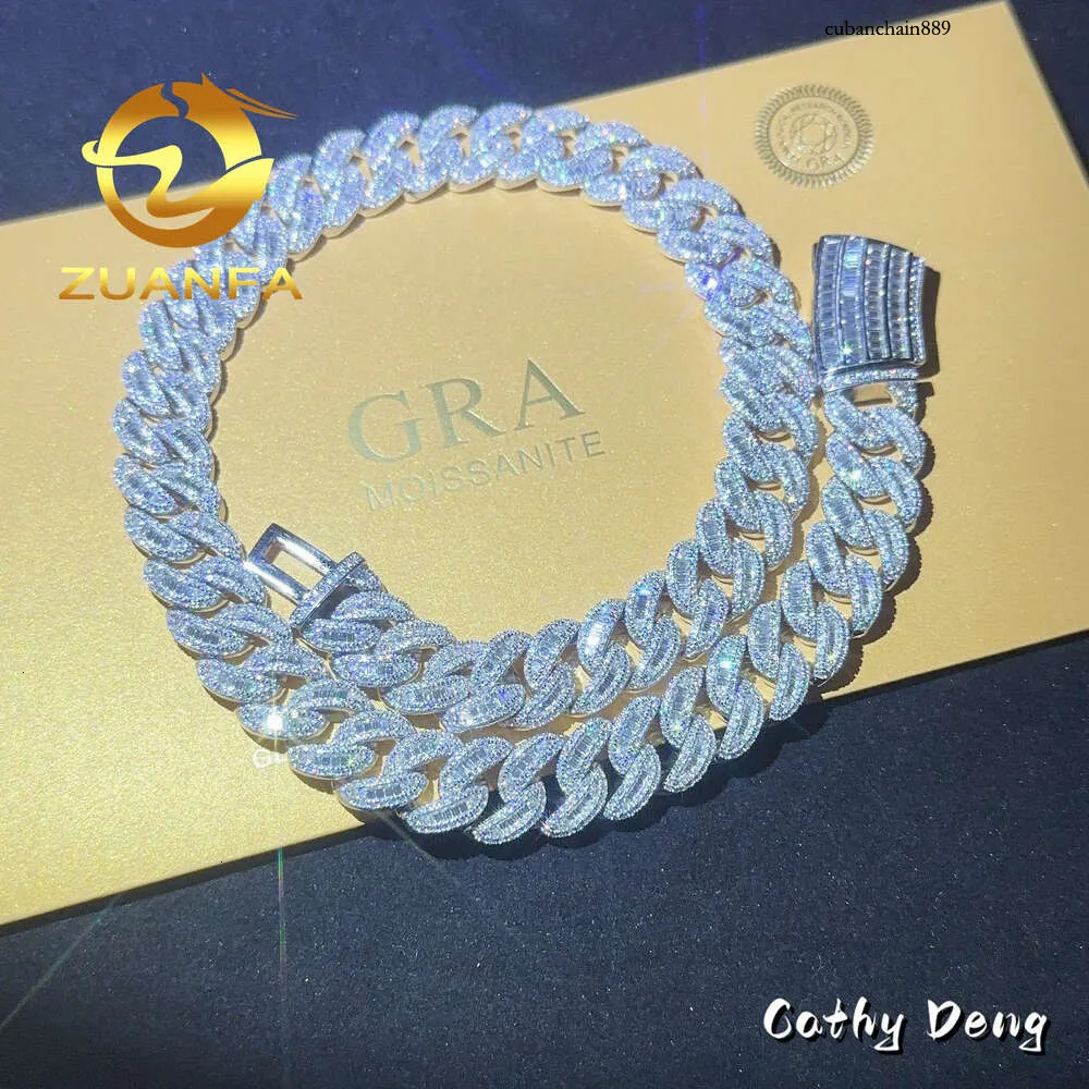 Pass Dia Test Hip Hop Jewelry 15mm Baguette Cut k Sier Moon Shape Vvs Moissanite Cuban Chain