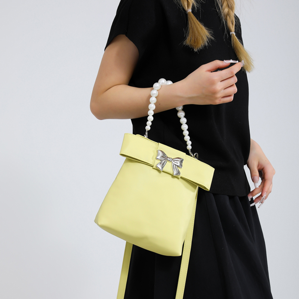 Cute Bow Y2K Purse PU Leather Sweet Pearl Fashion Handbag with Detachable Strap Trendy Crossbody Bag Top Handle Bag for Women