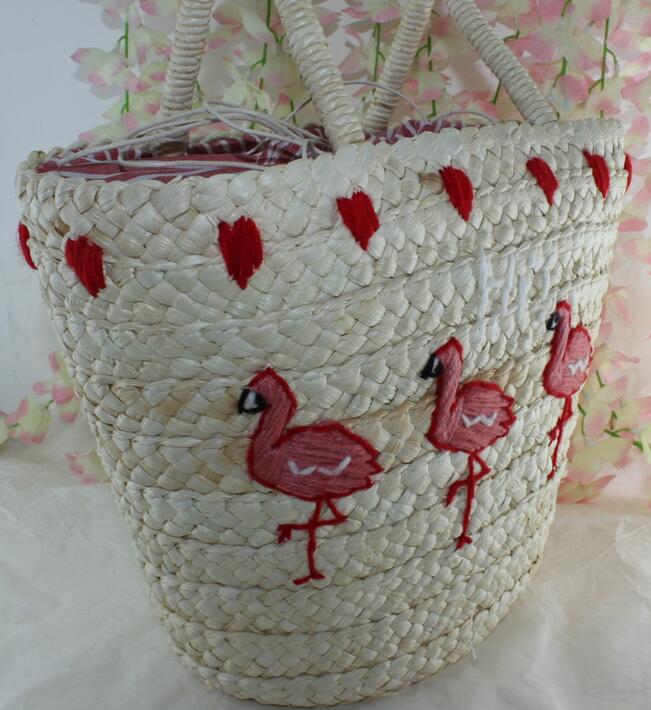 New Embroidred Flamingo Women's Handbag Large Straw Shoulder Messenger Bag Fashion Tote Women Bag
