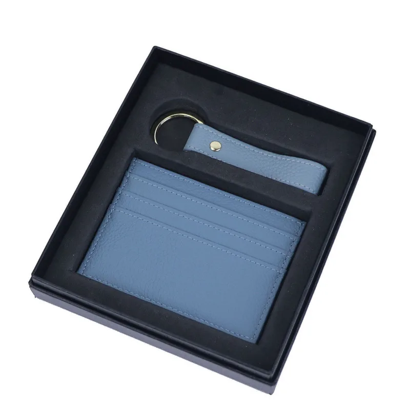 Custom Letters Genuine Leather Business Credit Card Holder Key Ring Gift Box Set Ultra-thin Short Card Cover Small Keychain Set