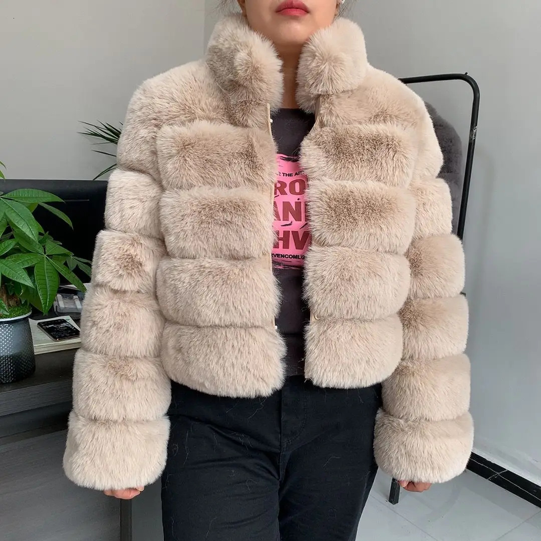 2024 Faux Fur coat womens winter fashion stand collar artificial fur jacket high-quality warm jacket Faux fur jacket women 241107