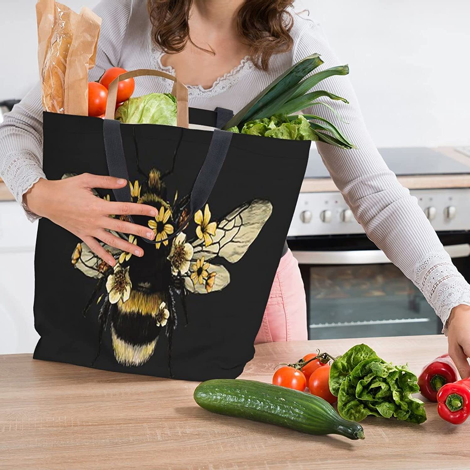 Bee Black Reusable Grocery Bags - Tote Bag for Women Casual Shoulder Bag Foldable Large Shopping Bag