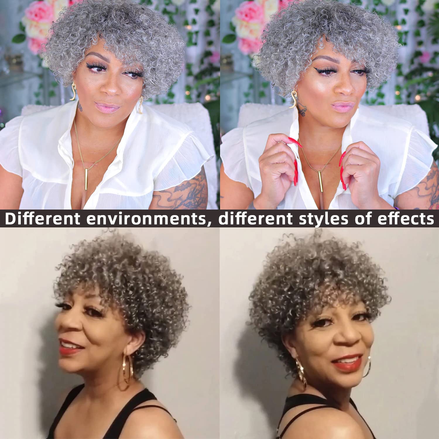 Grey Wig for Women Afro Kinky Curly Human Hair Wig Black salt and pepper silver Wig Glueless Gray Wig with Bangs Human Hair machine made none lace 150