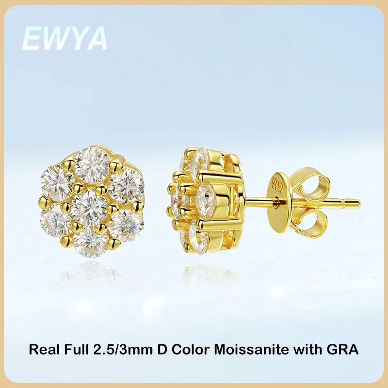 EWYA 7-Stone Flower Full 2.5/3mm D-color silica female earrings 925 silver plated 18K GRA certified party earrings 241106